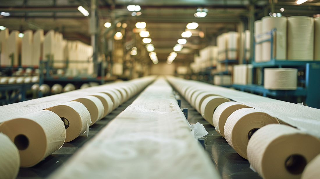 The photo captures a bustling industrial textile factory, featuring rolls of bamboo toilet paper on the production line, surrounded by machinery and a conveyor belt for printing stripes.
