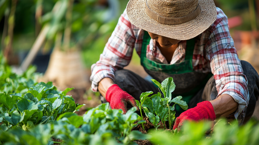 A woman in gloves and hat plants seeds in a sunny, lush garden, surrounded by vibrant green plants.
