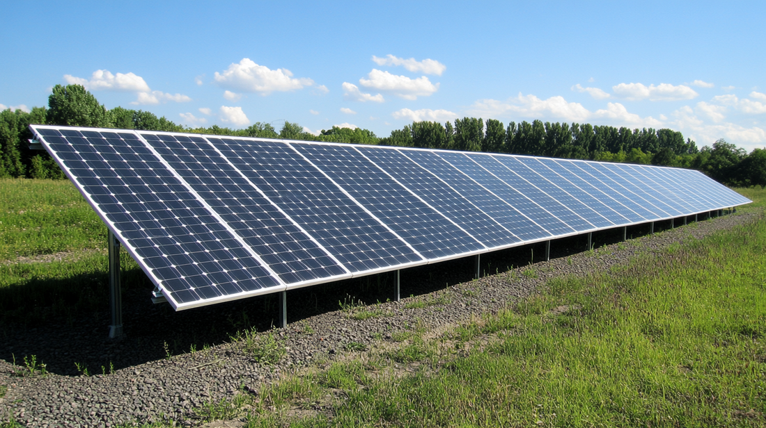 A large solar panel array on the ground, located in an open field with trees and a blue sky in the background.
