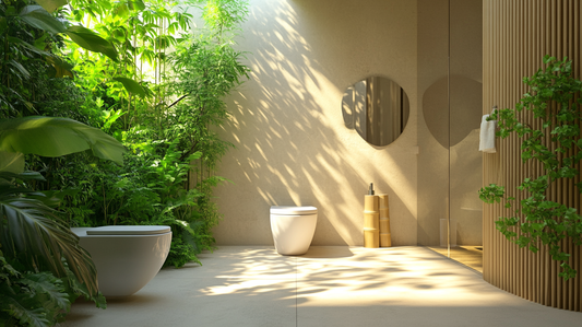 A modern bathroom featuring bamboo toilet paper rolls and green plants, symbolizing eco-friendly and sustainable living choices.