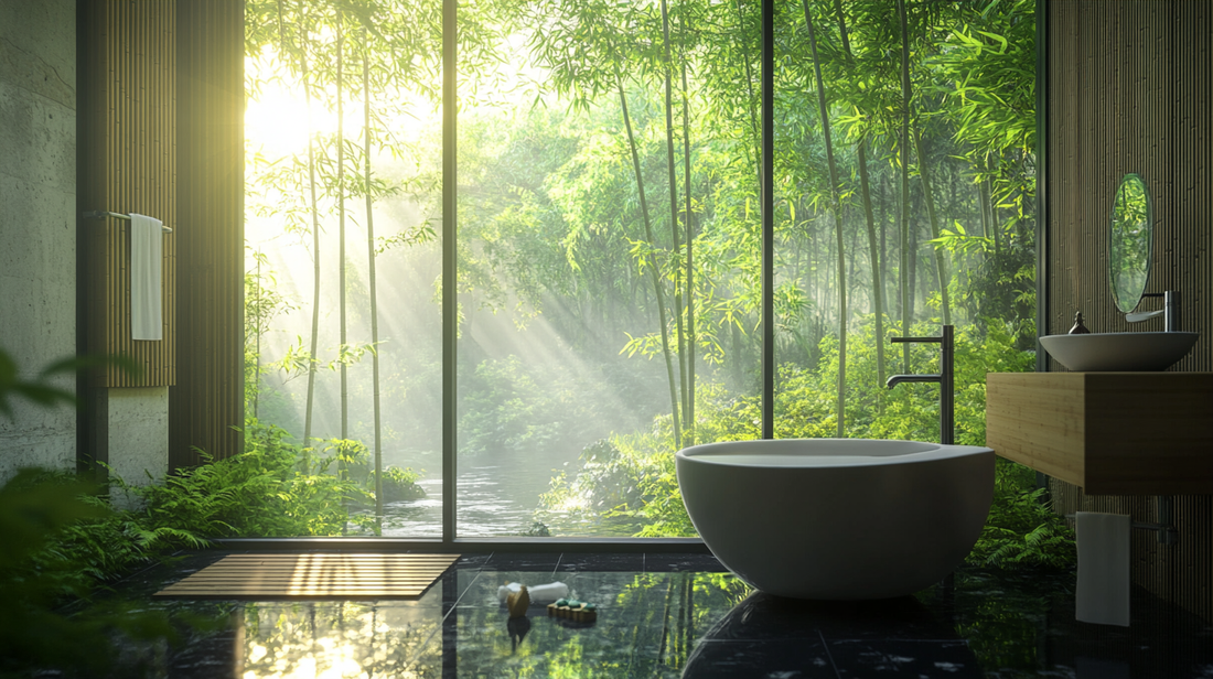 Illustration of bamboo toilet paper rolls with a lush bamboo forest in the background, representing sustainable and eco-friendly living.