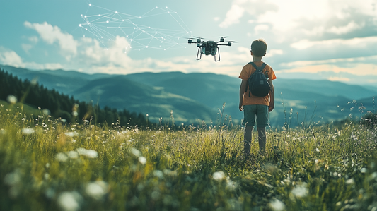 image of a boy looking out into nature with a drone