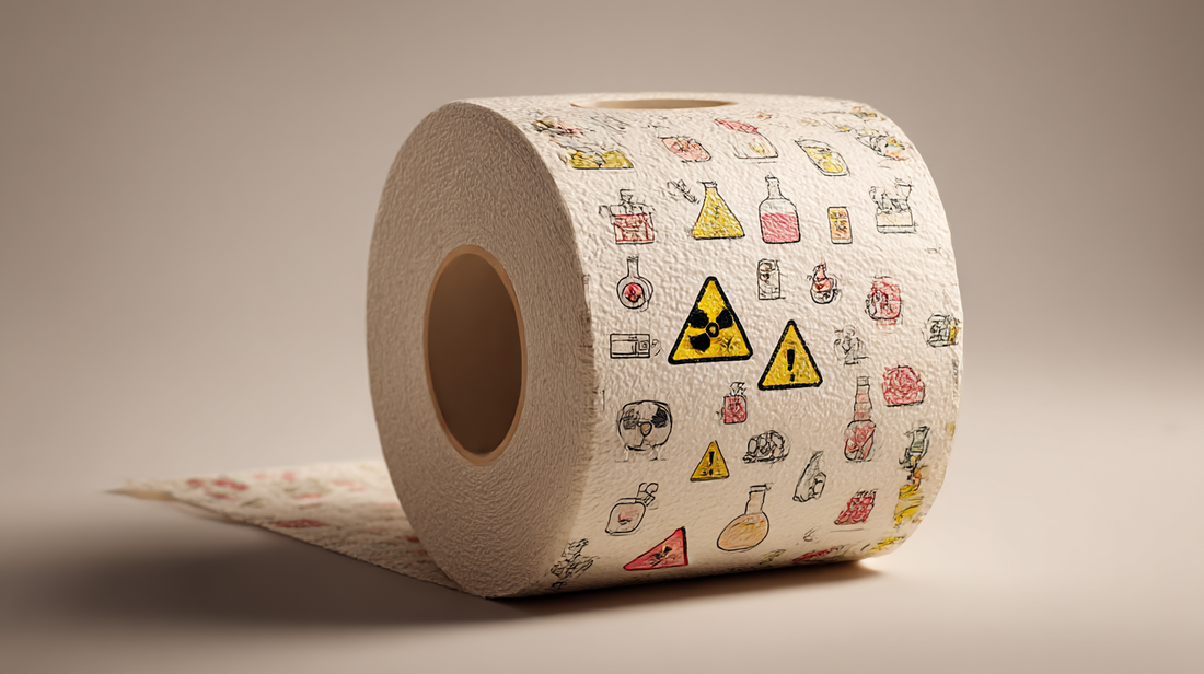 A realistic illustration of a toilet roll unraveling to reveal hidden chemical hazard symbols and toxin icons inside the layers, symbolising the hidden dangers in conventional toilet paper.