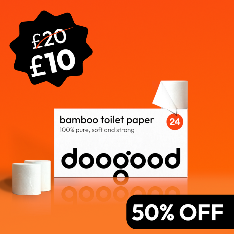 doogood bamboo toilet paper package with price tag on an orange background