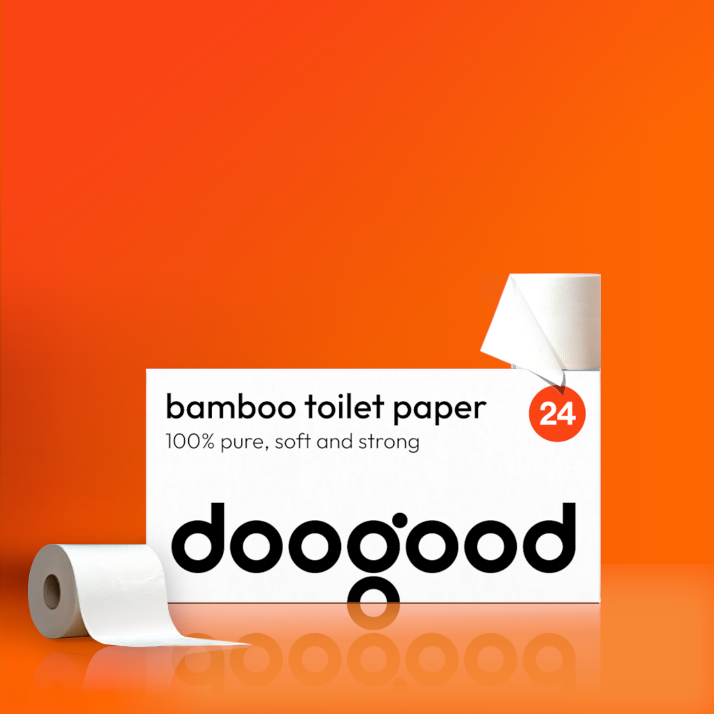 image of a doogood bamboo toilet paper 48 roll box on a orange background