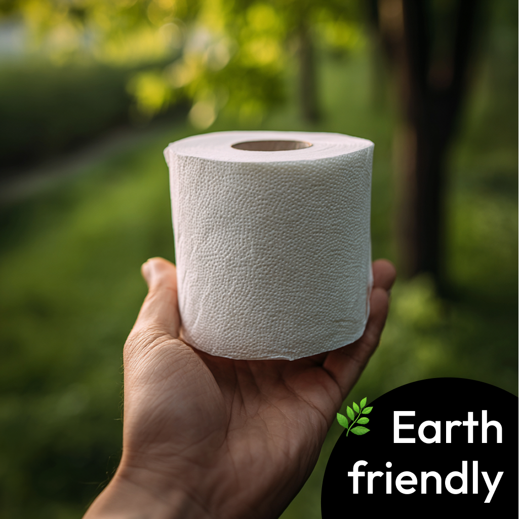 image of someone holding a bamboo toilet paper roll in a forest