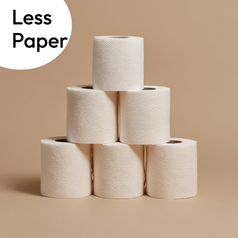 image of a stack of slightly off white bamboo toilet paper rolls on a beige background